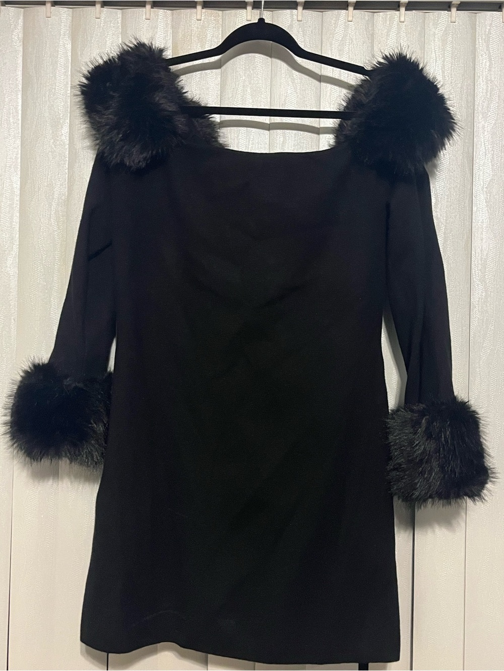 Black Faux-Fur Trim Off-Shoulder Dress